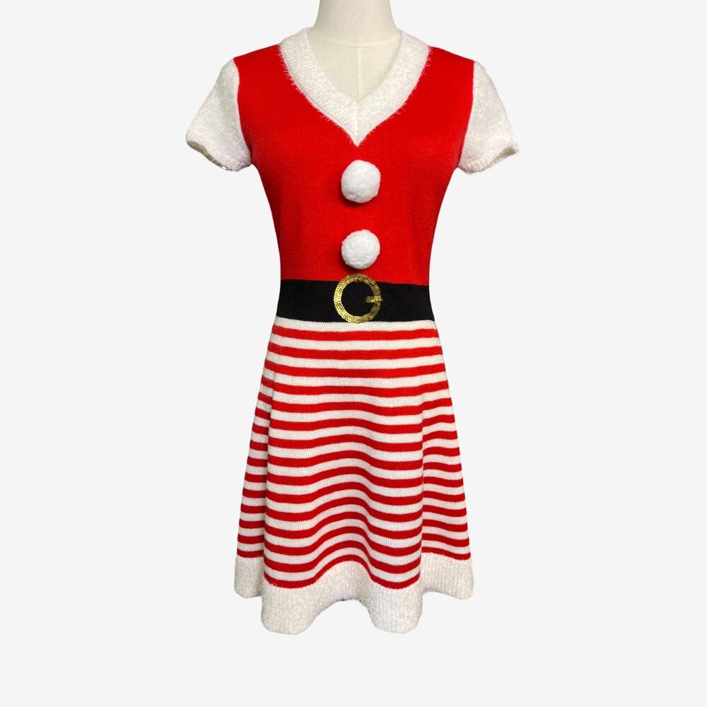 Planet Heart M Santa Sweater Dress Red White Striped Holiday Costume Pom Pom